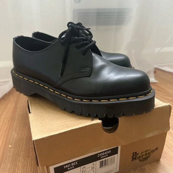 Dr. Martens Black Leather Oxfords with Signature Stitching 3989 Yellow Stitch Smooth Leather Brogue Shoes in Black | Dr  main image 3